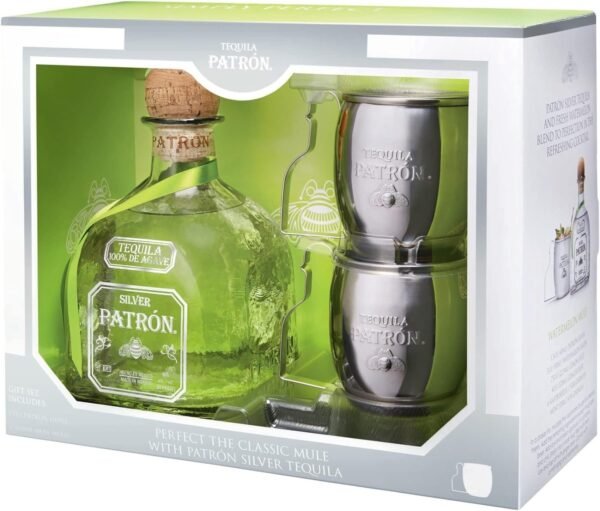 Patron Silver Premium Tequila Gift Pack with 2x Mule Mugs, 70 cl